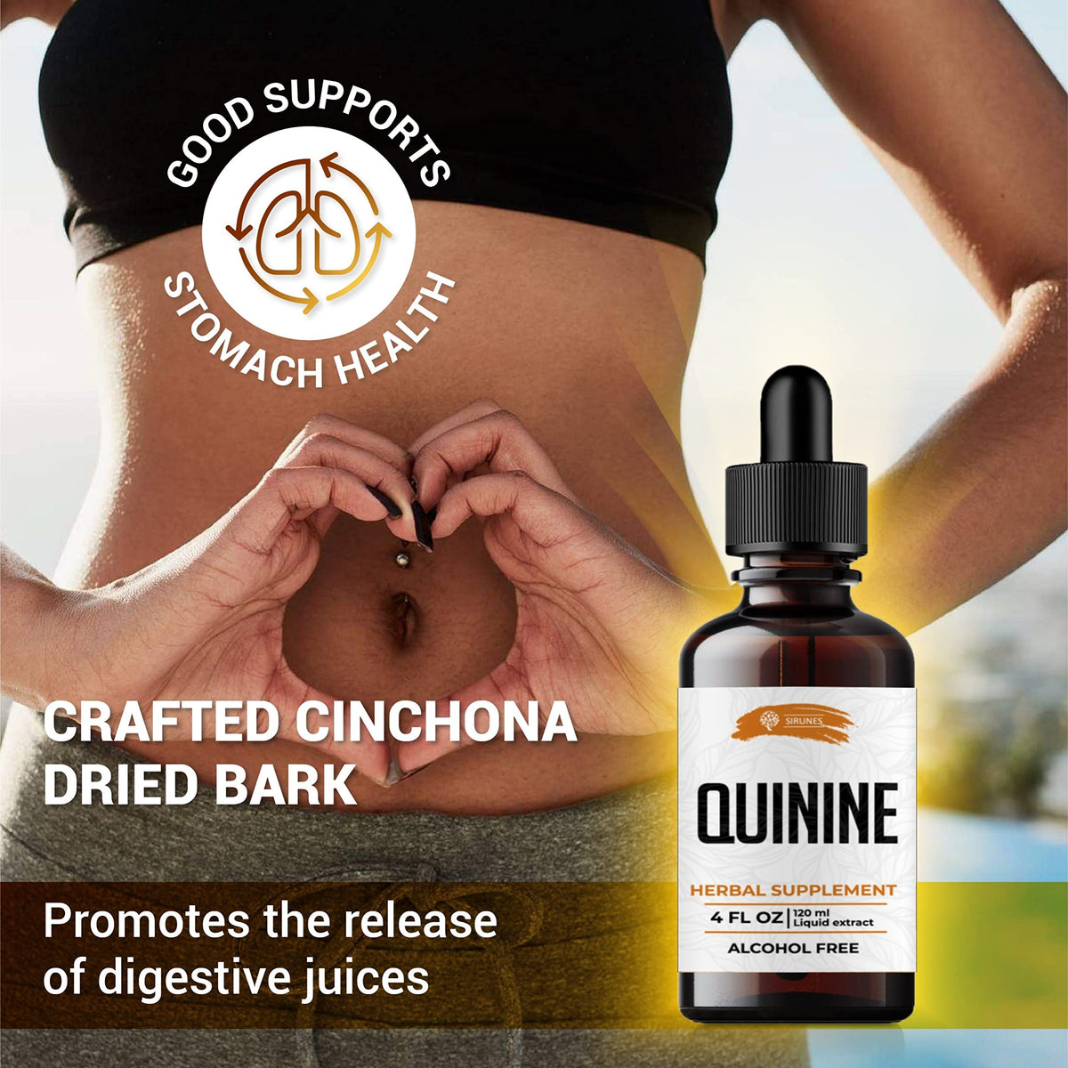 Flacon de Tincture de Quinine SIRUNES sur une table en bois