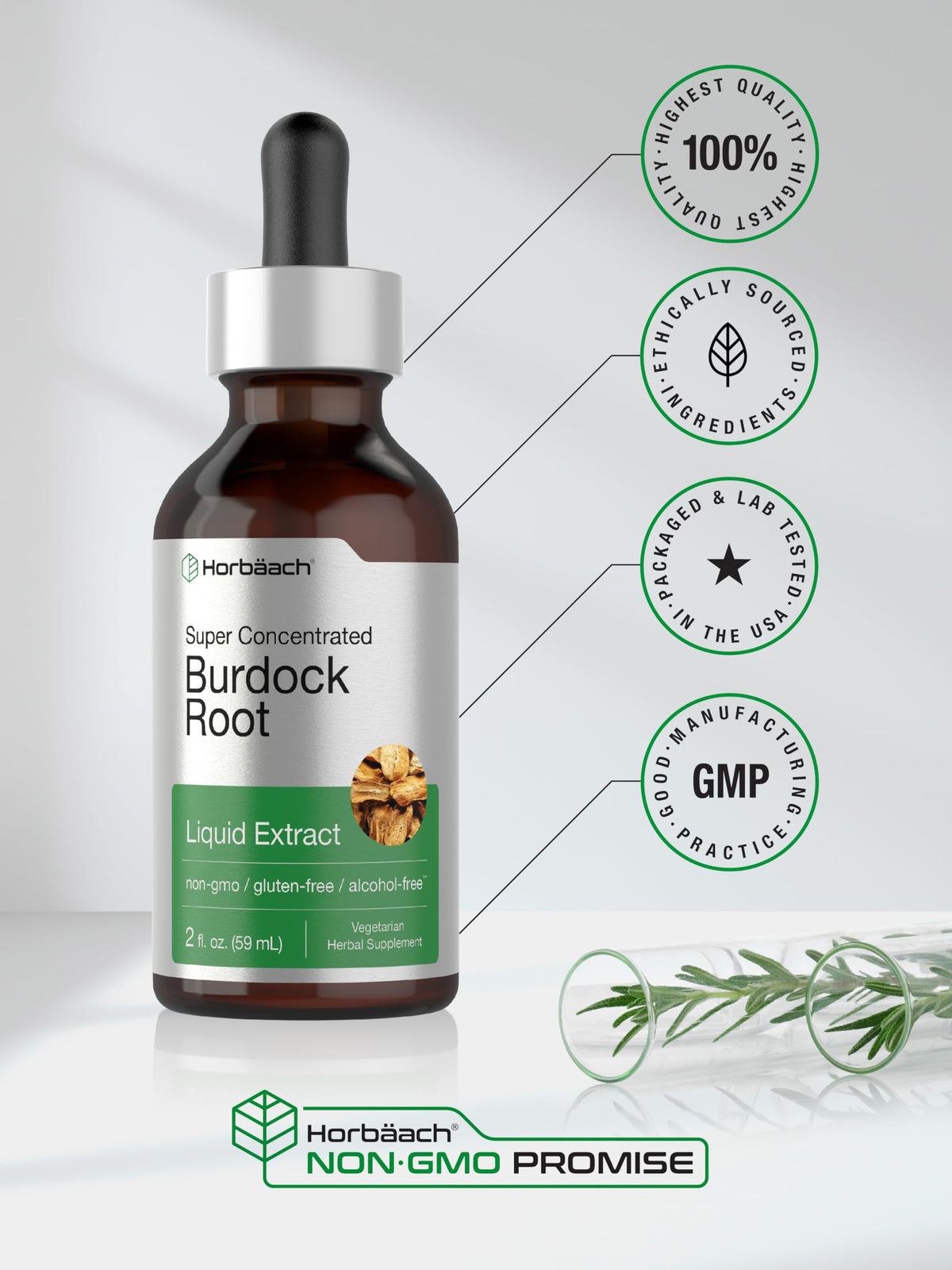 Flacon de tincture de racine de bardane Horbäach sur une table en bois