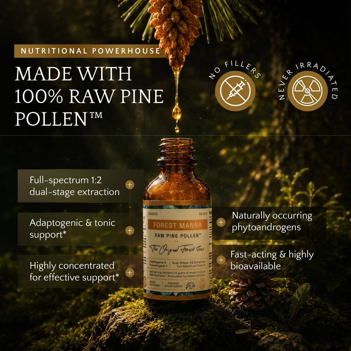 Flacon de Tinture de Pollen de Pin Brut RAW avec goutteur