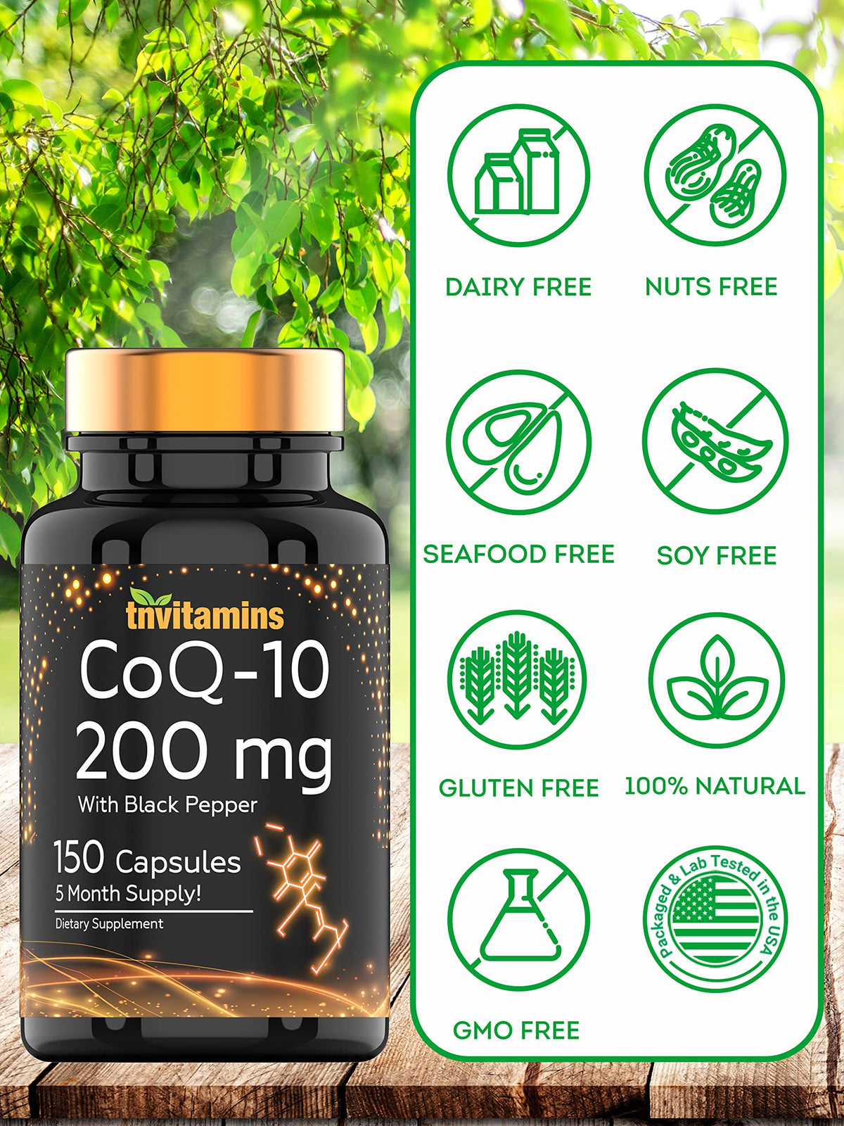 Flacon de tnvitamins CoQ-10 200mg avec étiquette visible