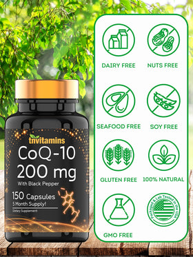 Flacon de tnvitamins CoQ-10 200mg avec étiquette visible