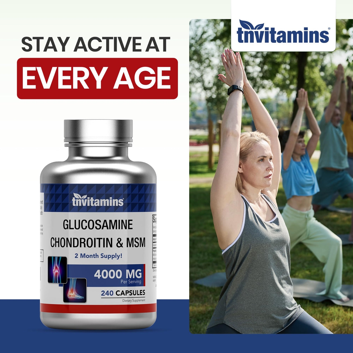 Flacon de tnvitamins Glucosamine Chondroitin MSM ouvert avec capsules