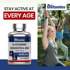 Flacon de tnvitamins Glucosamine Chondroitin MSM ouvert avec capsules