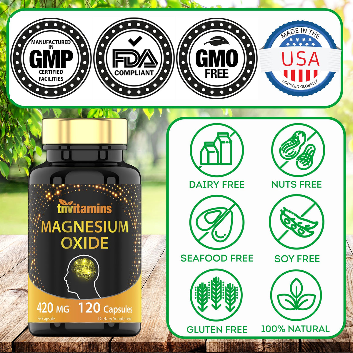 Flacon de tnvitamins Magnésium Oxyde 420 mg sur une table
