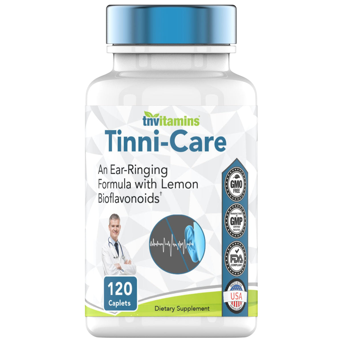 Flacon de tnvitamins Tinni-Care 120 comprimés au citron vue de face