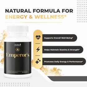 Flacon de Tonic Emperor's Vigor avec étiquette et capsules en vue