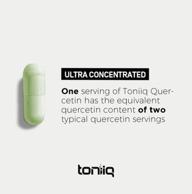 Flacon de Toniiq Quercétine ouvert avec capsules visibles