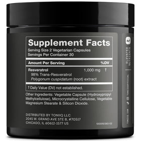 Flacon de Toniiq Resvératrol Trans 1000mg avec étiquette