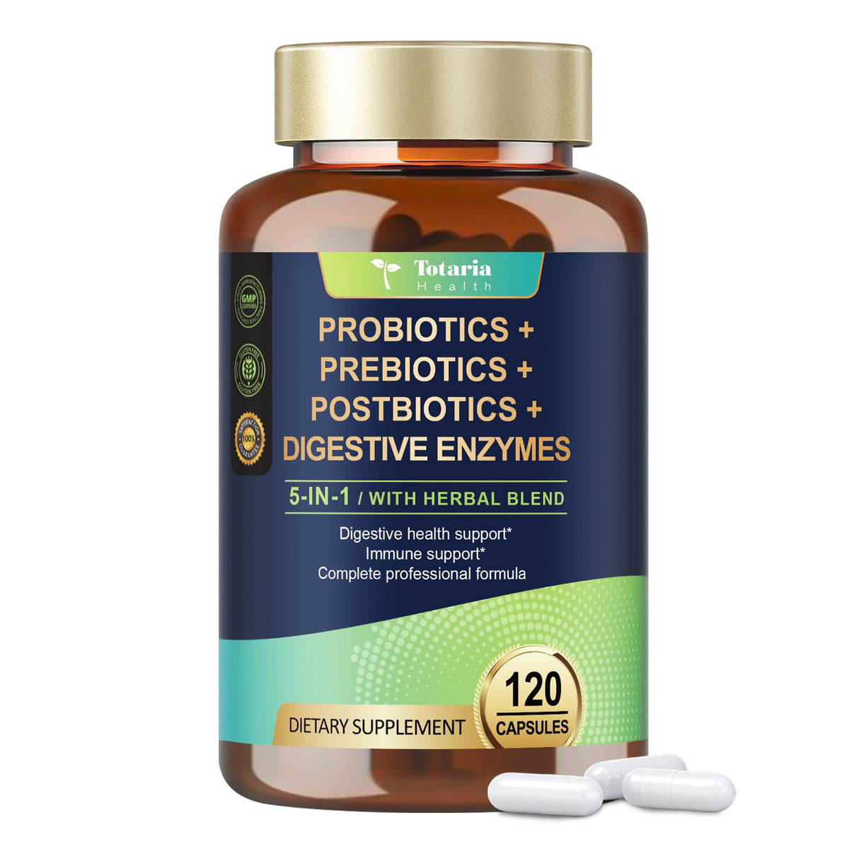 Flacon de Totaria 5-en-1 Probiotiques avec 120 capsules végétariennes