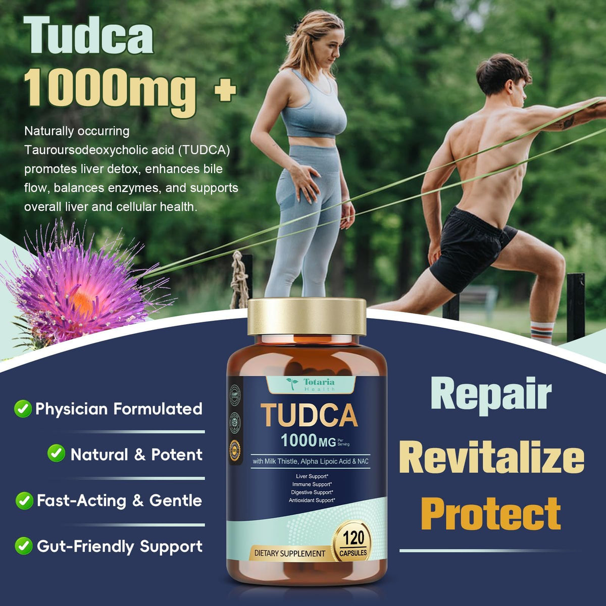 Flacon de Totaria TUDCA 1000mg sur une table en bois