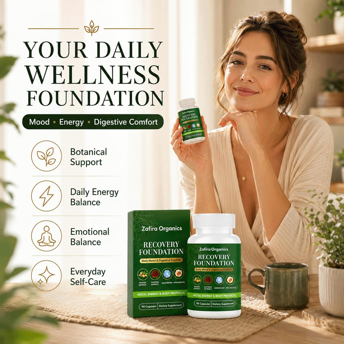 Flacon de TQIUH Zafira Organics avec capsules