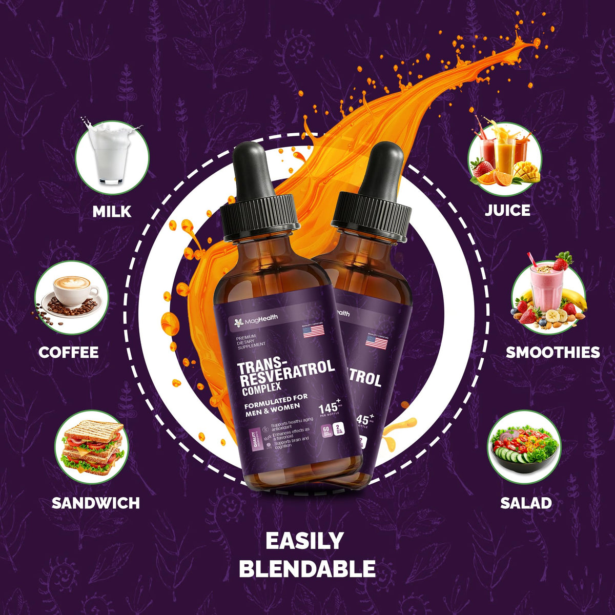 Flacon de Trans-Resveratrol MagHealth avec décor naturel