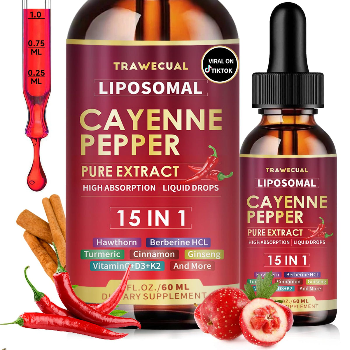 Flacon de Trawecual Complément Alimentaire Liposomal Cayenne 60ml vue de face