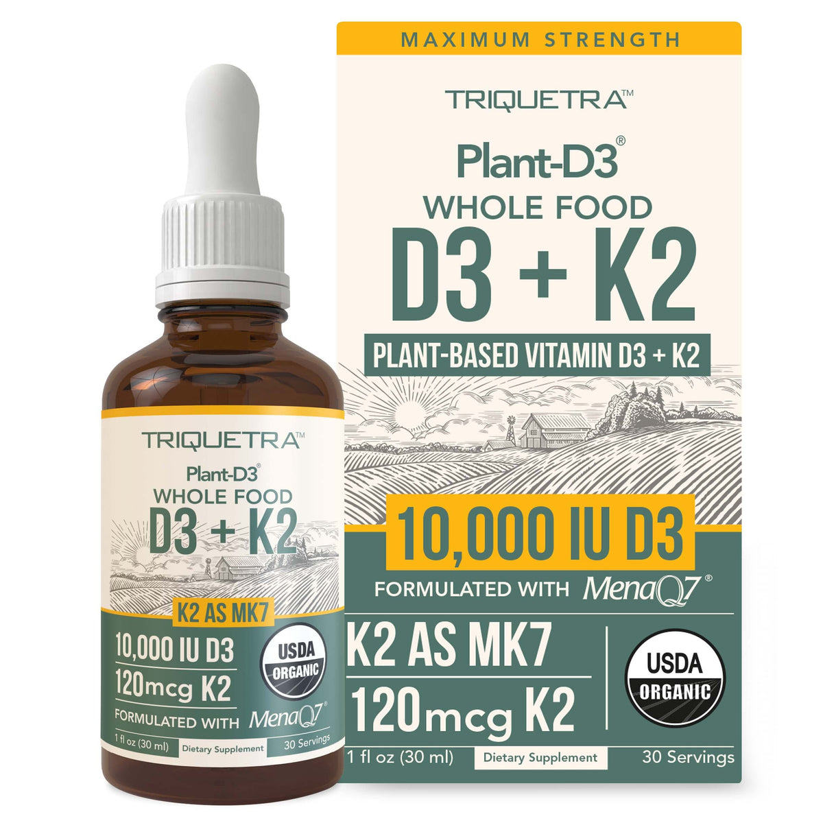 Flacon de Triquetra Health D3 K2 10 000 IU Bio vue avant
