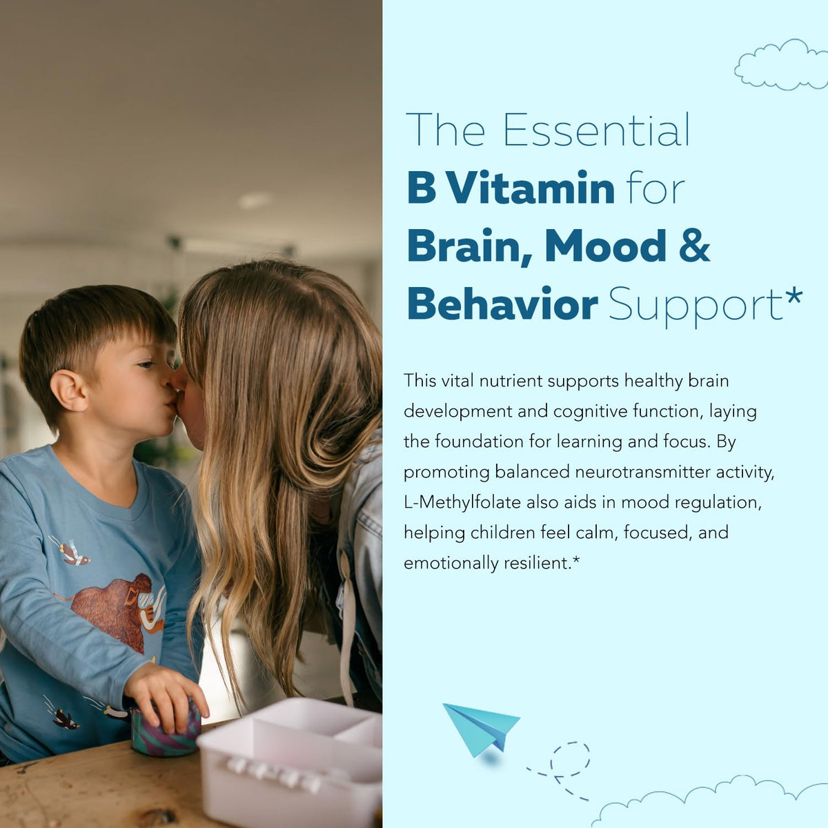 Flacon de Triquetra Health Kids L-Méthylfolate sur une table en bois