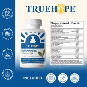 Flacon de Truehope EMPowerplus ouvert avec capsules à l'intérieur