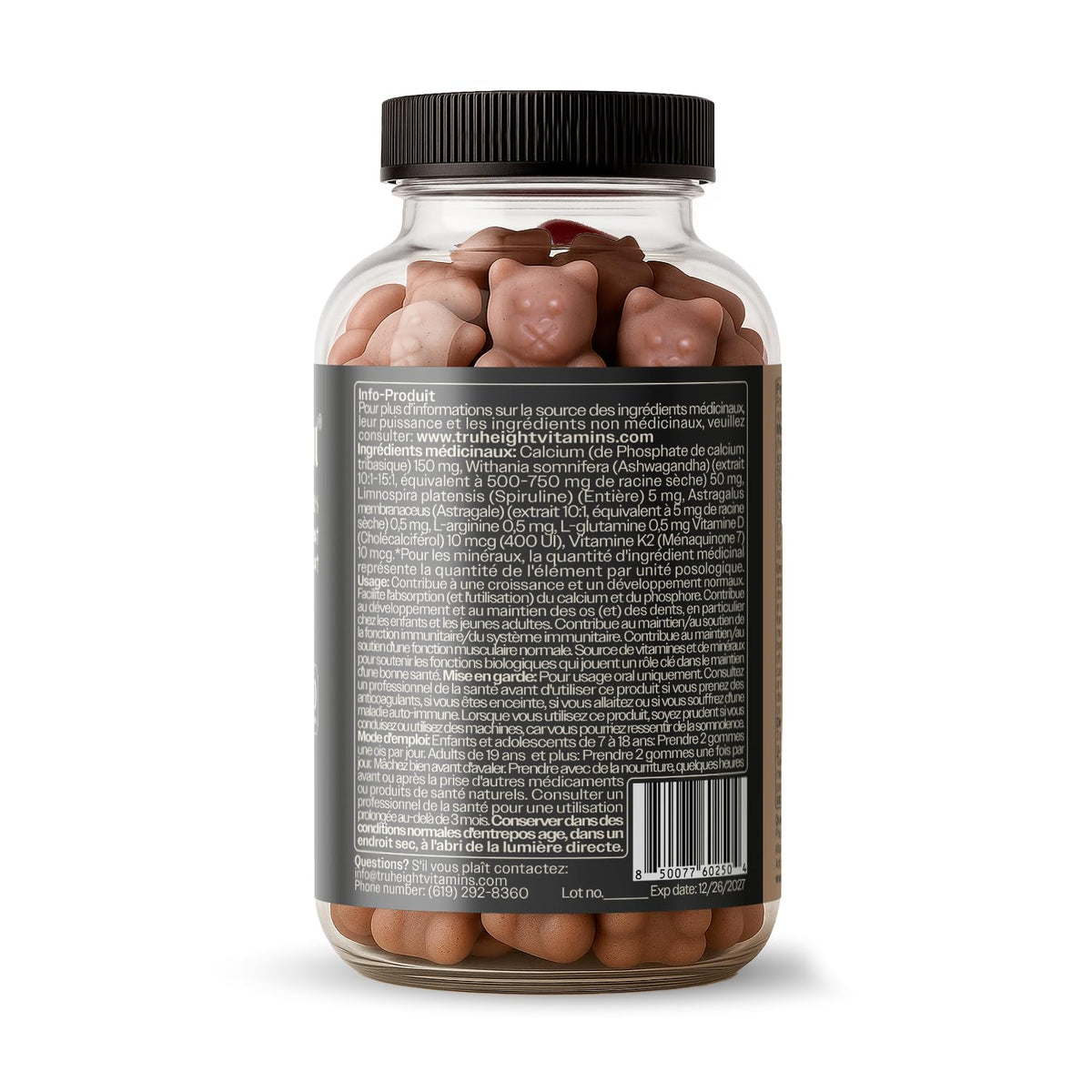 Flacon de TruHeight Gummies, étiquette et dosage visibles