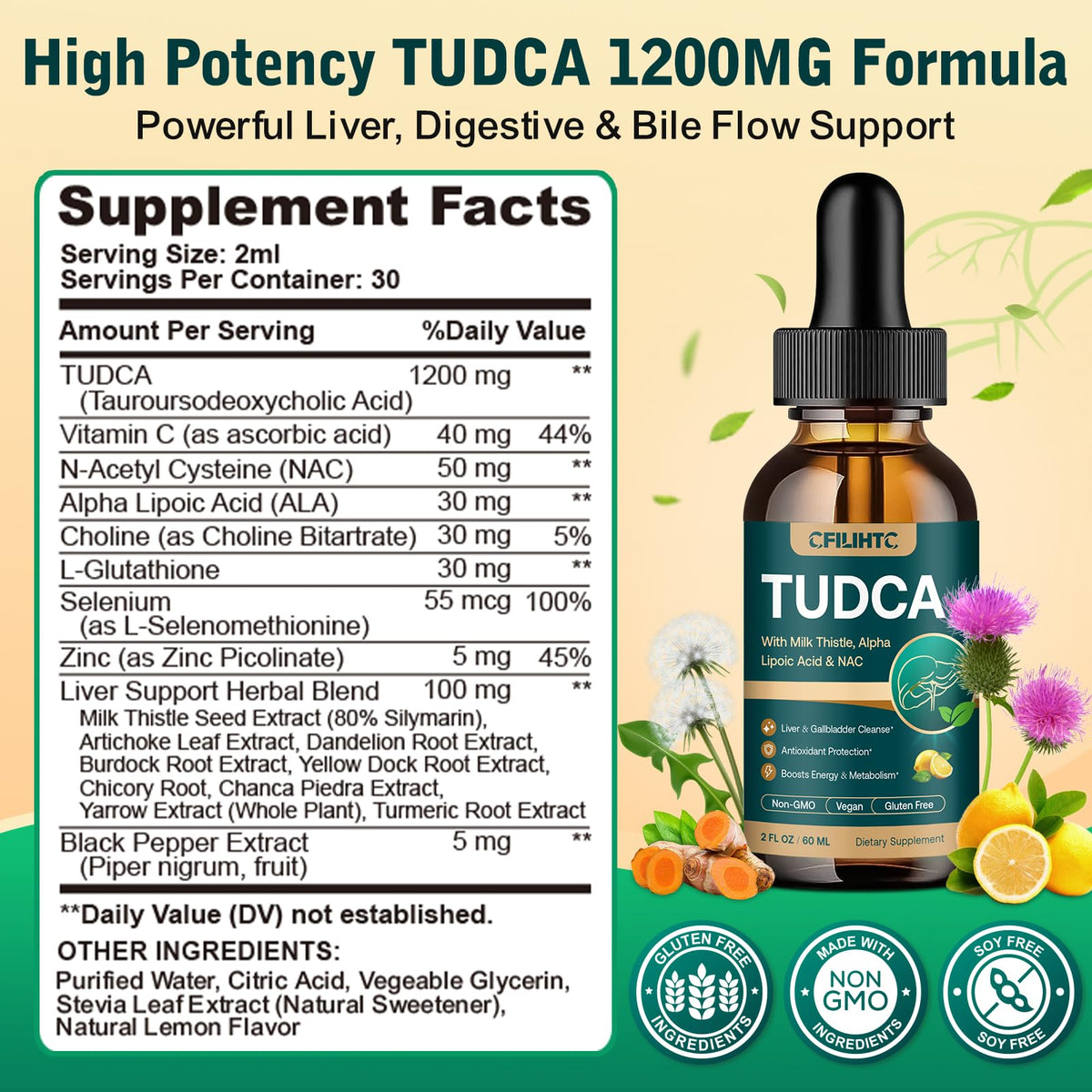 Flacon de TUDCA 1200mg CFILIHTC avec ingrédients