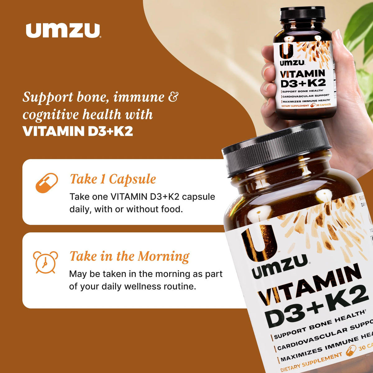 Flacon de UMZU D3 K2 avec capsules à côté