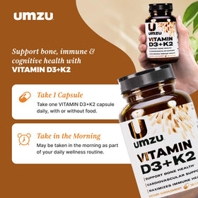 Flacon de UMZU D3 K2 avec capsules à côté