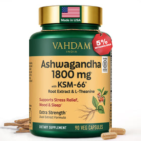 Flacon de VAHDAM Ashwagandha 1800mg avec 90 capsules