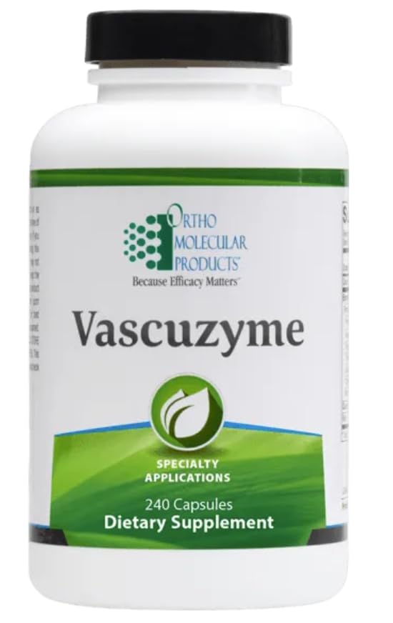 Flacon de Vascuzyme 240 capsules d'Ortho Molecular avec étiquette clairement visible