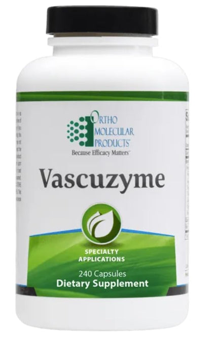 Flacon de Vascuzyme 240 capsules d'Ortho Molecular avec étiquette clairement visible