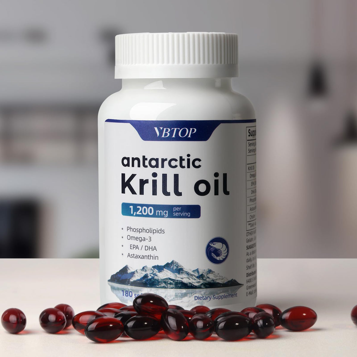 Flacon de VBTOP Huile de Krill Antarctique ouvert avec gélules