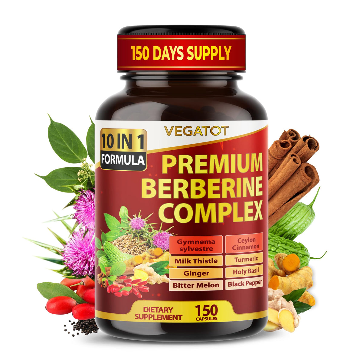 Flacon de VEGATOT Complément Alimentaire Berbérine 150 Capsules