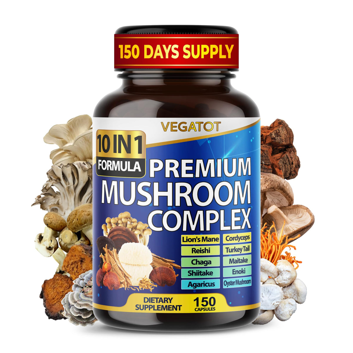 Flacon de VEGATOT Complément Alimentaire Champignon 10-en-1, 150 capsules