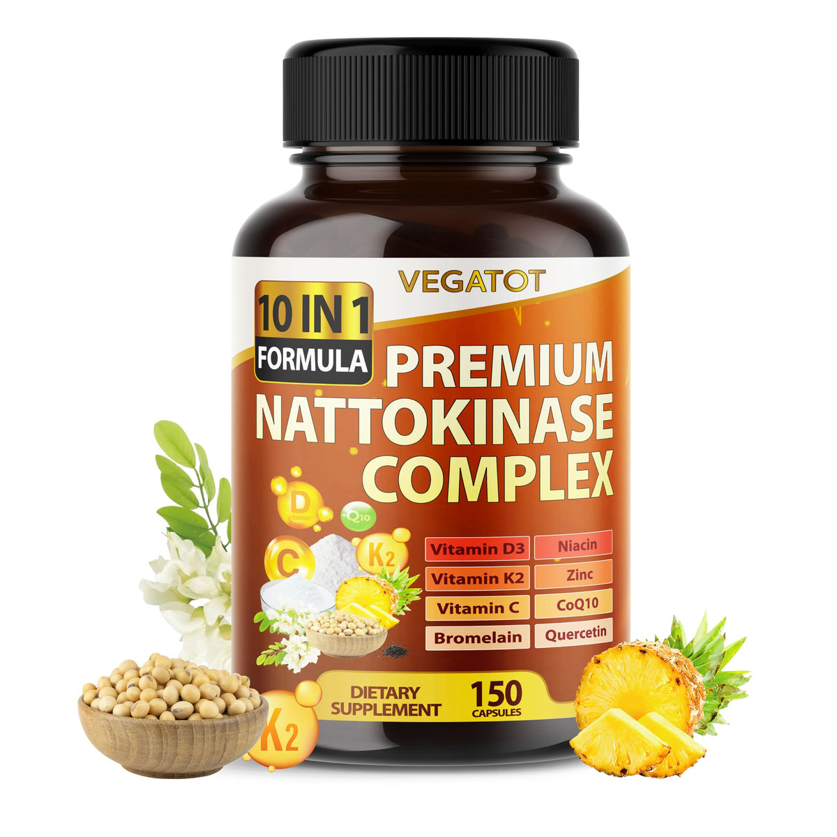 Flacon de VEGATOT Nattokinase 10-en-1 150 capsules vue de face