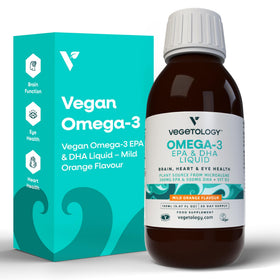 Flacon de VEGETOLOGY Omega 3 Vegan 800mg avec étiquette orange