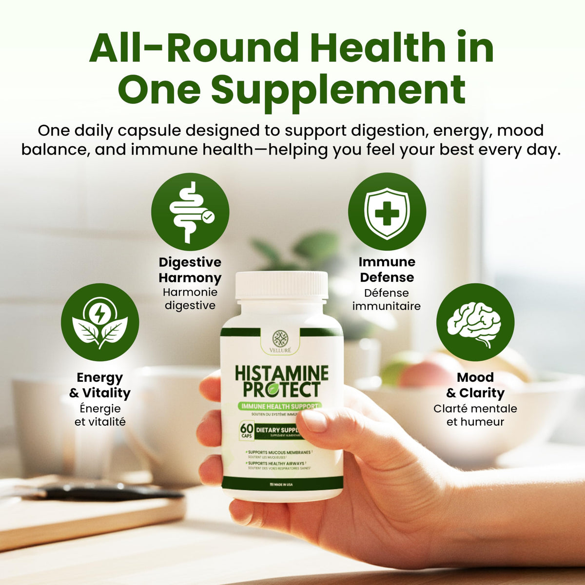 Flacon de Velluré Histamine Protect ouvert avec capsules visibles