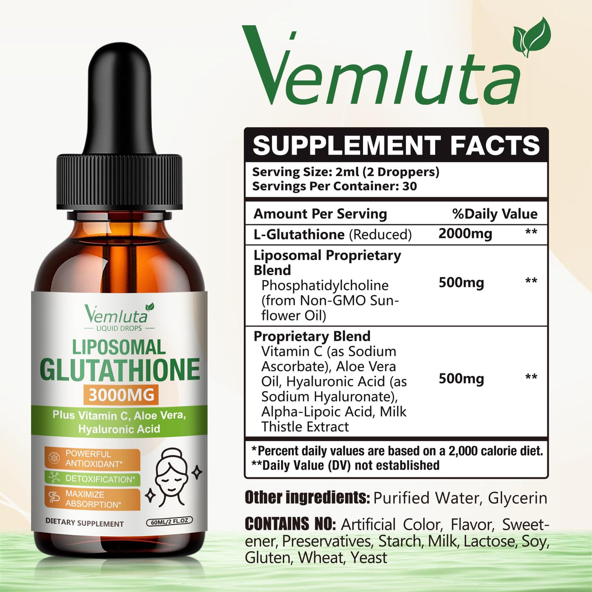 Flacon de Vemluta Liposomal Glutathione 3000mg avec étiquette