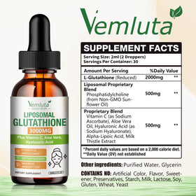 Flacon de Vemluta Liposomal Glutathione 3000mg avec étiquette