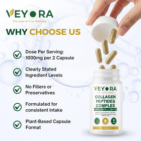 Flacon de VEYORA avec capsules et ingrédients naturels en arrière-plan