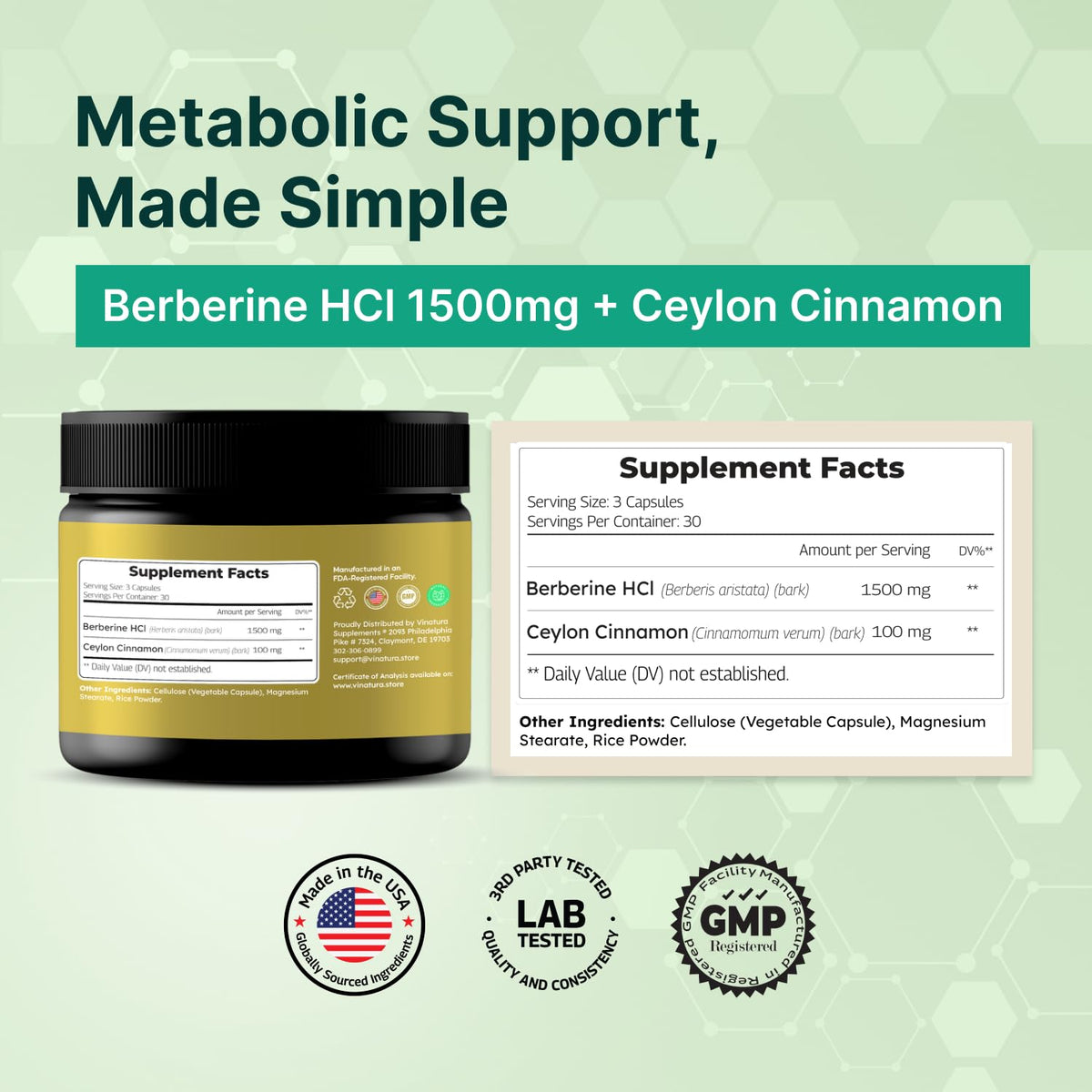 Flacon de VINATURA Berbérine 1500mg avec Cannelle de Ceylan, étiquette visible