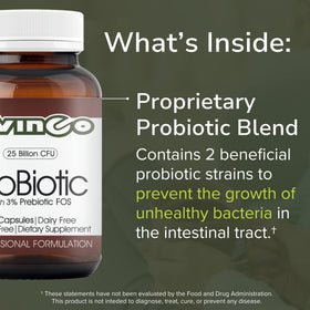 Flacon de Vinco ProBiotic ouvert avec capsules à l'intérieur