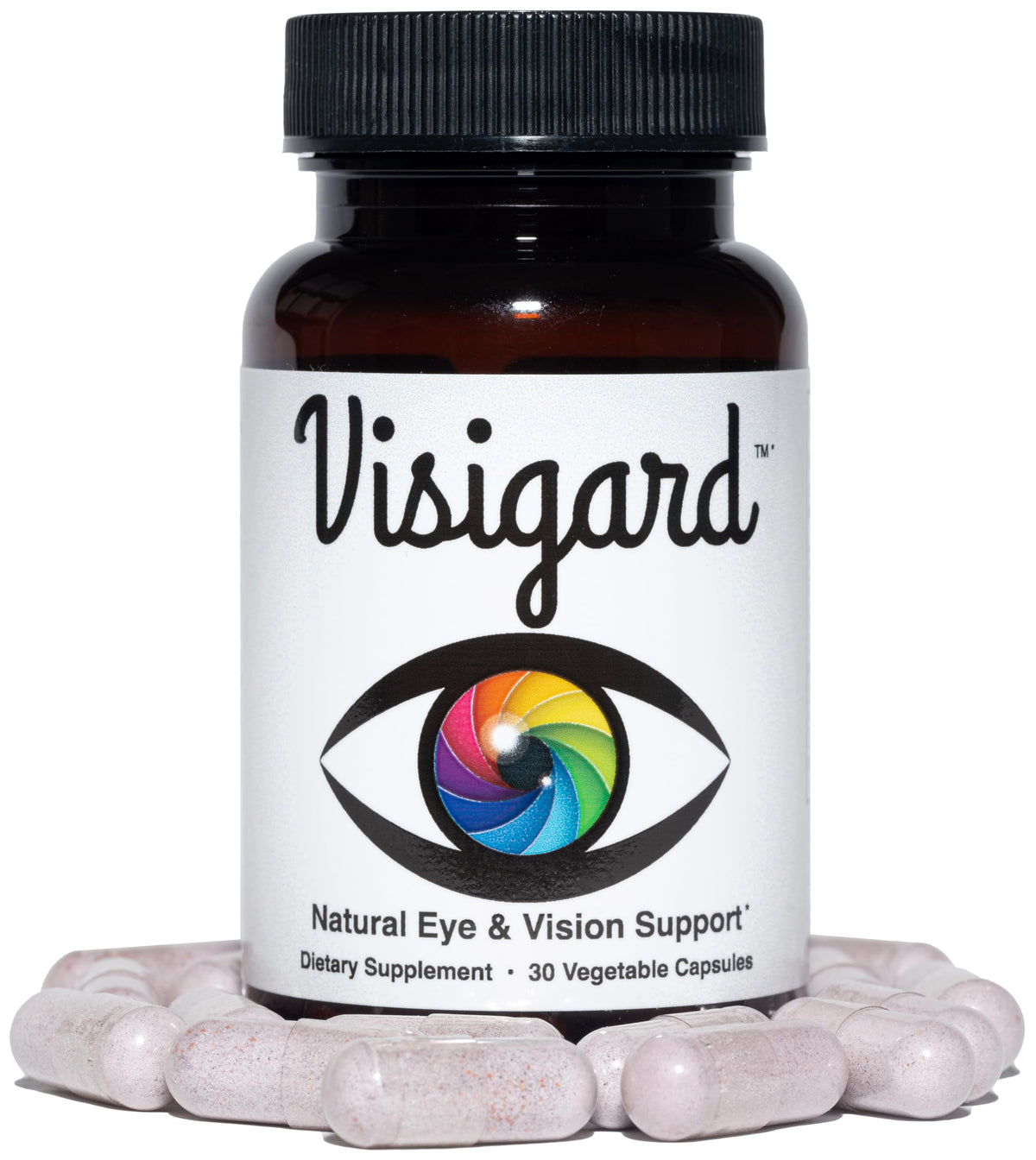 Flacon de Visigard ouvert avec capsules visibles à l'intérieur