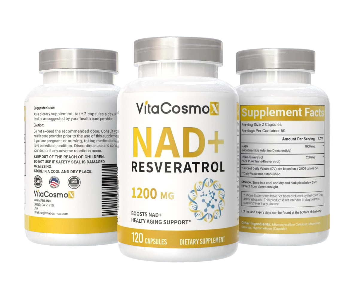 Flacon de VitaCosmoX NAD+ avec étiquette et gélules à côté