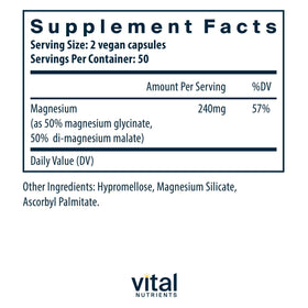 Flacon de Vital Nutrients Magnésium Glycinate + Malate avec étiquette