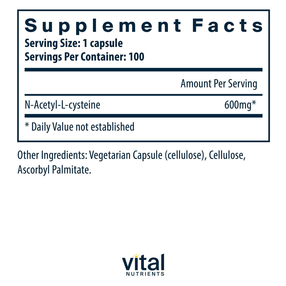 Flacon de Vital Nutrients NAC 600mg avec capsules à l'intérieur