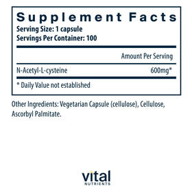 Flacon de Vital Nutrients NAC 600mg avec capsules à l'intérieur