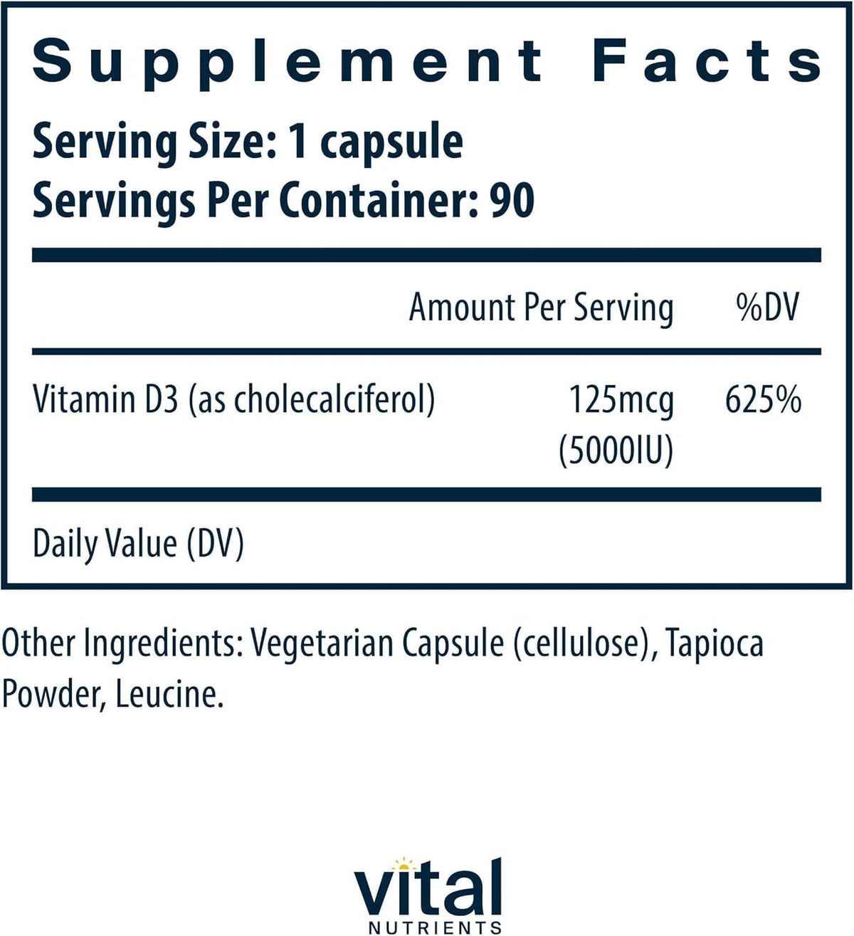 Flacon de Vital Nutrients Vitamine D 5 000 UI avec étiquette