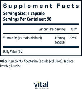 Flacon de Vital Nutrients Vitamine D 5 000 UI avec étiquette