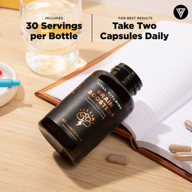 Flacon de Vital Vitamins Brain support Plus sur un fond neutre