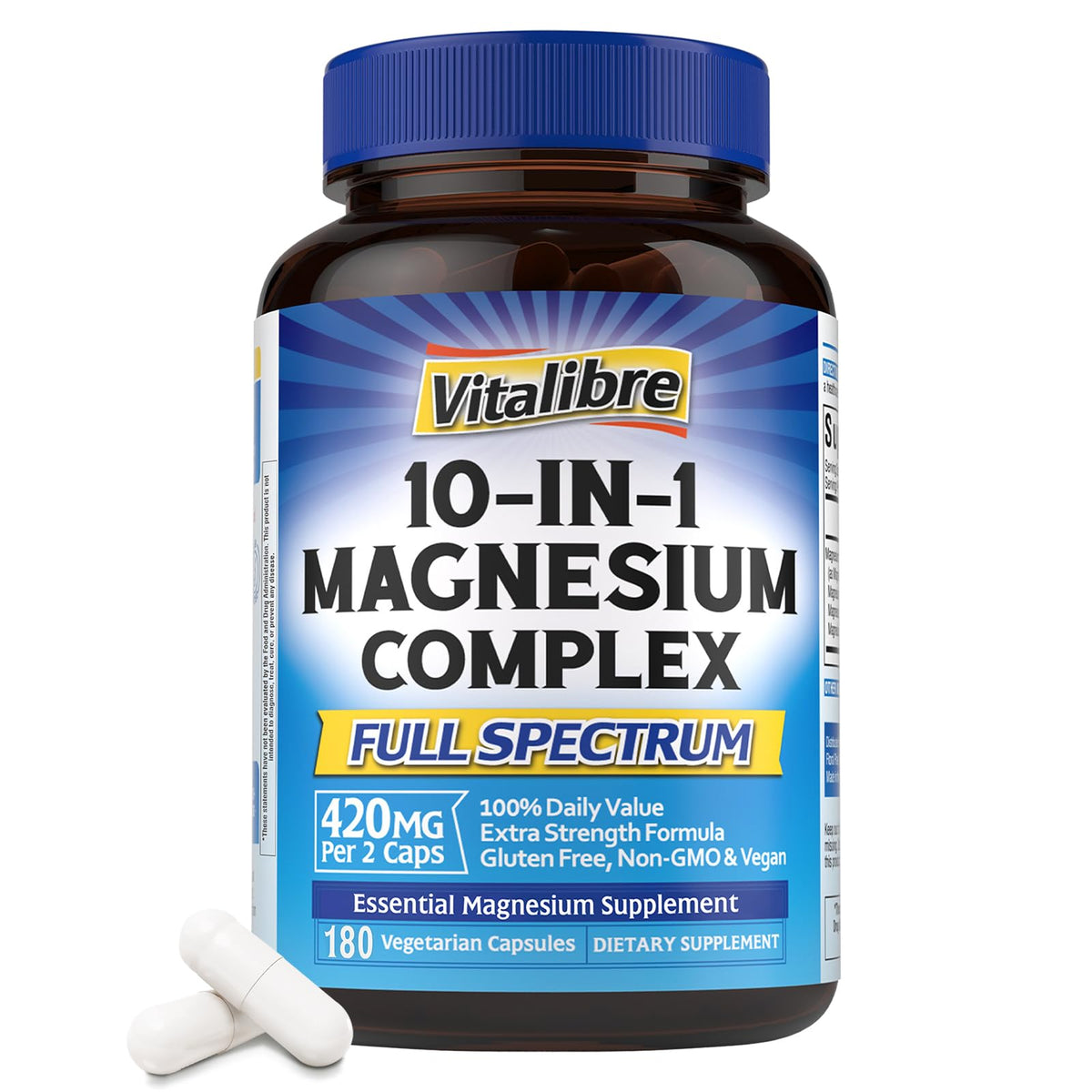 Flacon de Vitalibre 10 en 1 Complexe Magnésium 180 Capsules vue de face