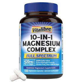 Flacon de Vitalibre 10 en 1 Complexe Magnésium 180 Capsules vue de face