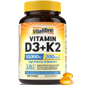 Flacon de Vitalibre Complément D3 K2 10000 UI 200 mcg vue de face