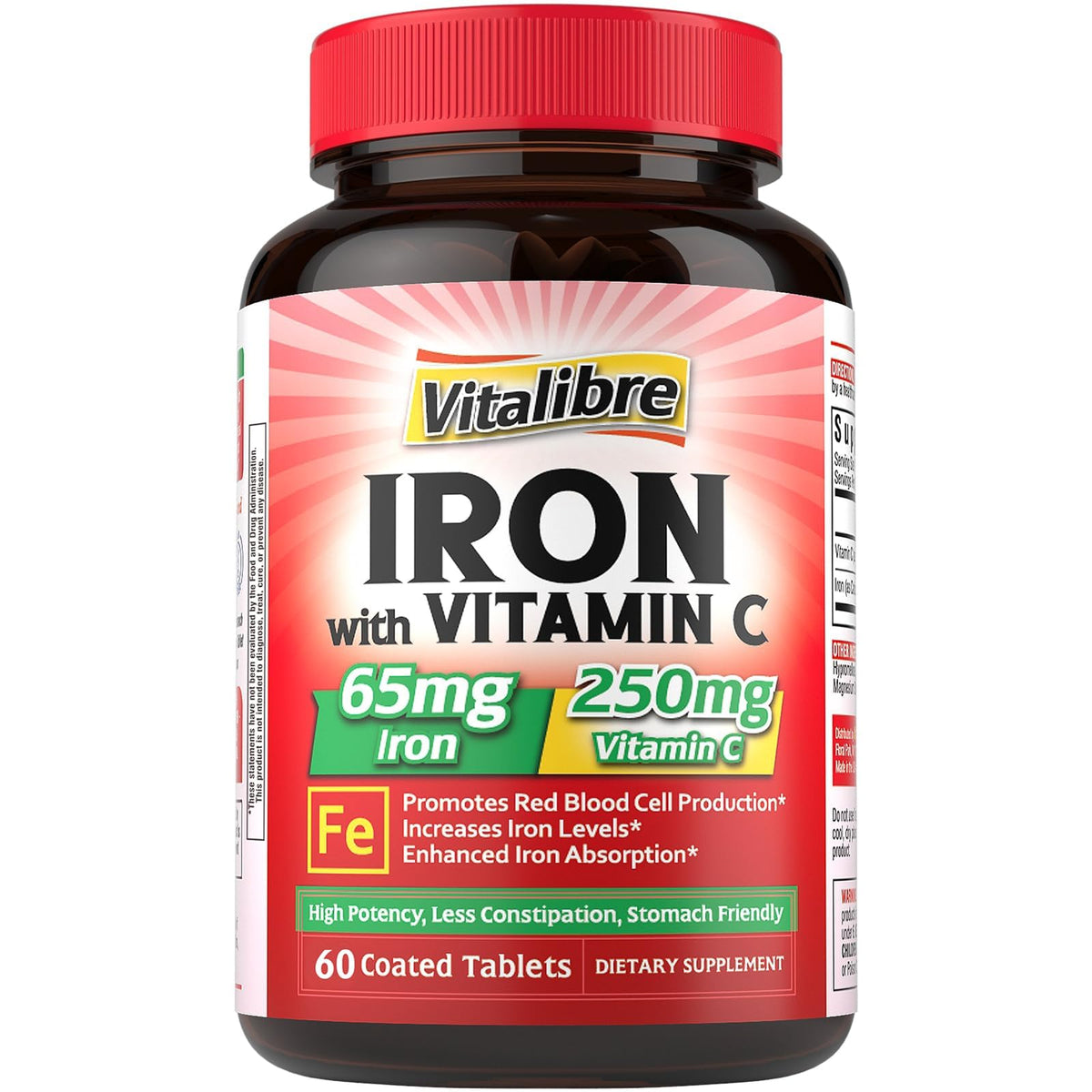 Flacon de Vitalibre Fer 65mg avec Vitamine C 250mg, vue de face